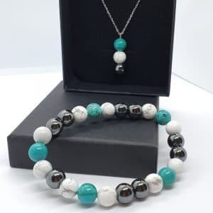 Ensemble collier et bracelet en Howlite-Turquoise-Hématite véritable pierres naturelles