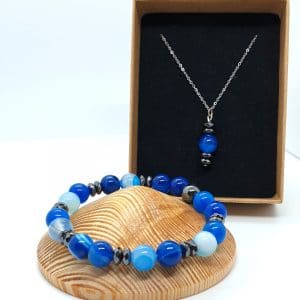 Collier et bracelet en Agate bleue et Hématite en pierres naturelles