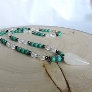 Collier de perle naturelle en Turquoise, Cristal de roche et Hématite