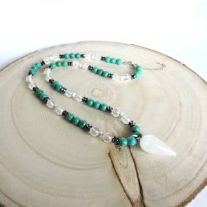 Collier de perle naturelle en Turquoise, Cristal de roche et Hématite