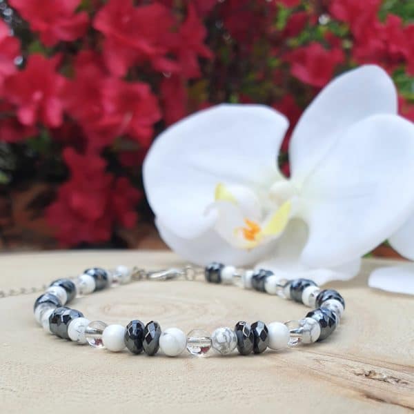 Bracelet de cheville Cristal de roche-Hématite-Howlite Pierres d'étoiles