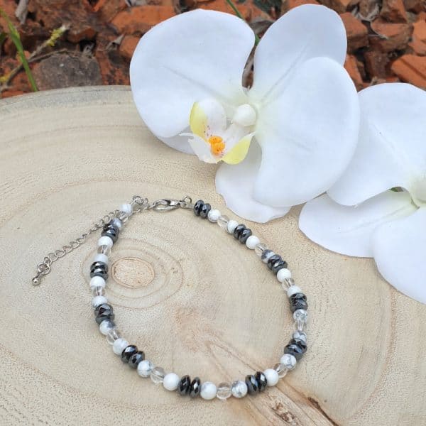 Bracelet de cheville Cristal de roche-Hématite-Howlite Pierres d'étoiles