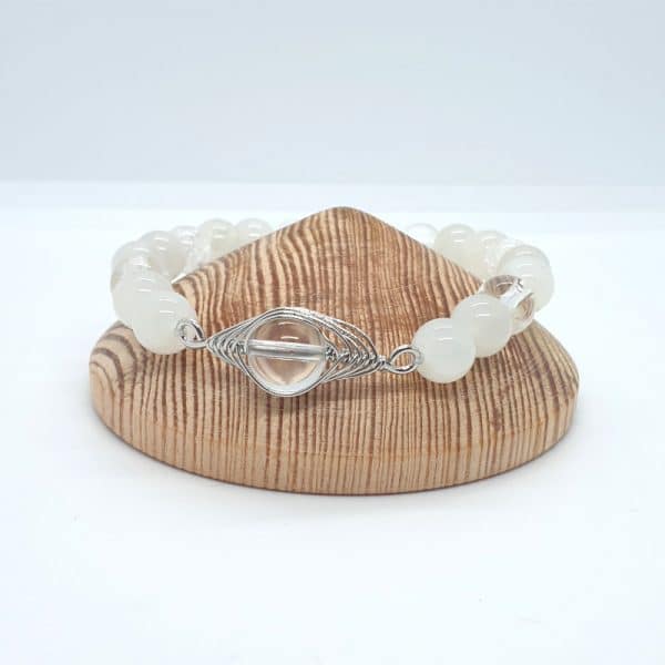 Bracelet "Cristal" en véritable Pierre de lune et Cristal de roche