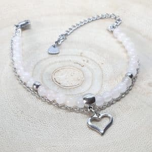 Bracelet en Quartz rose naturel avec une breloque coeur