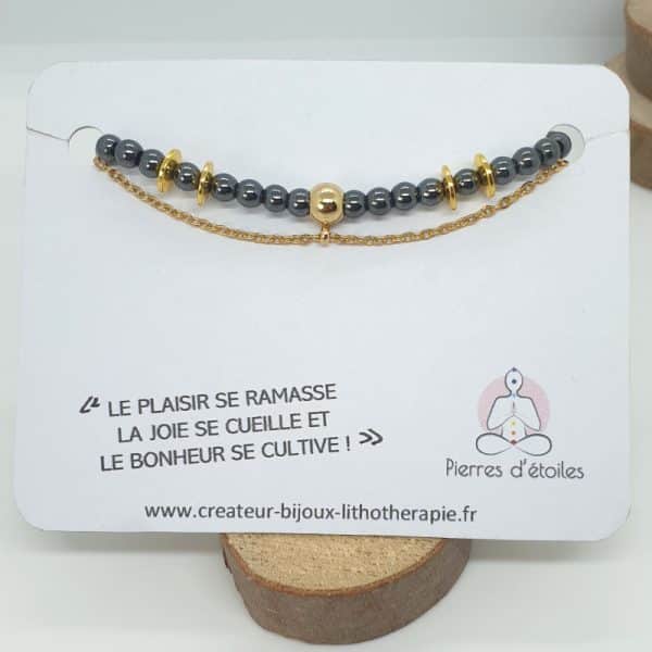 Bracelet double rang en pierres naturelles d'Hématite véritable et en acier inoxydable or