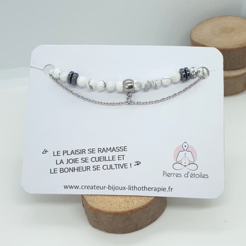 Bracelet double rang en véritables pierres naturelles d’Howlite en perles 4mm et en acier inoxydable argent