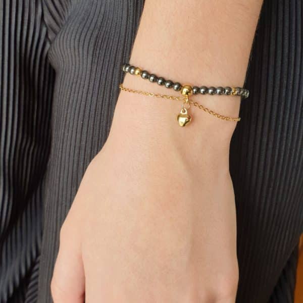 Bracelet double rang en pierres naturelles d'Hématite véritable et en acier inoxydable or