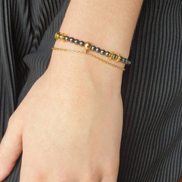 Bracelet double rang en pierres naturelles d'Hématite véritable et en acier inoxydable or
