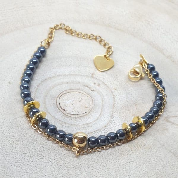 Bracelet double rang en pierres naturelles d'Hématite véritable et en acier inoxydable or