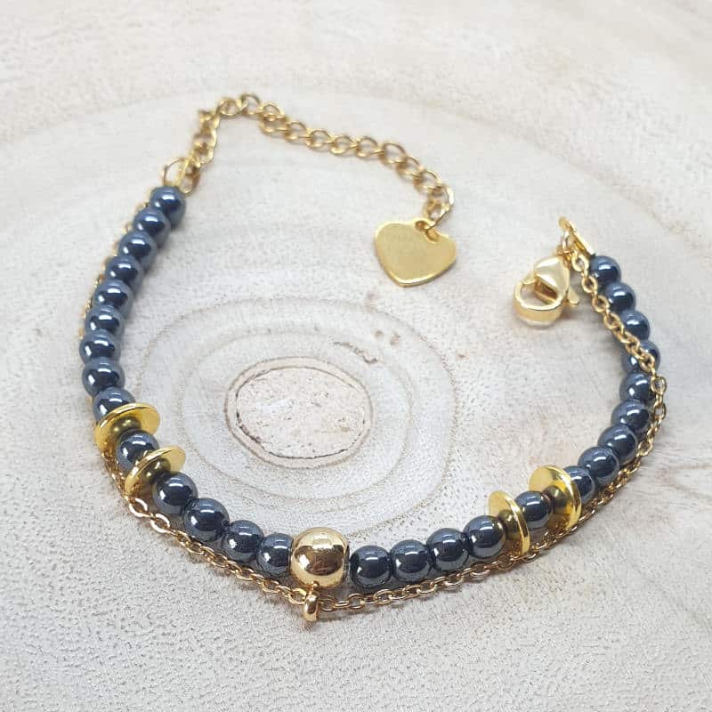 Bracelet double rang en pierres naturelles d’Hématite véritable et en acier inoxydable or