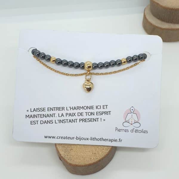 Bracelet double rang en pierres naturelles d'Hématite véritable et en acier inoxydable or