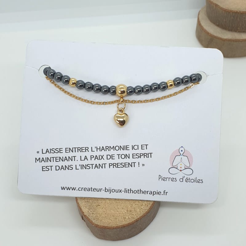 Bracelet double rang en pierres naturelles d’Hématite véritable et en acier inoxydable or