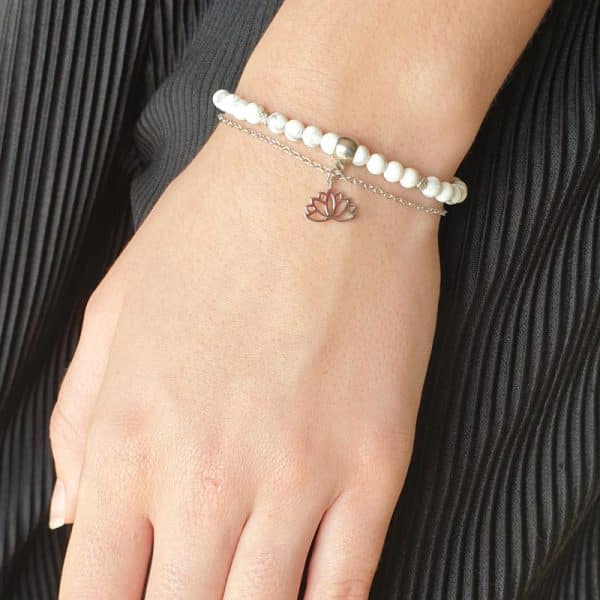 Bracelet double rang en véritables pierres naturelles d'Howlite en perles 4mm et en acier inoxydable argent