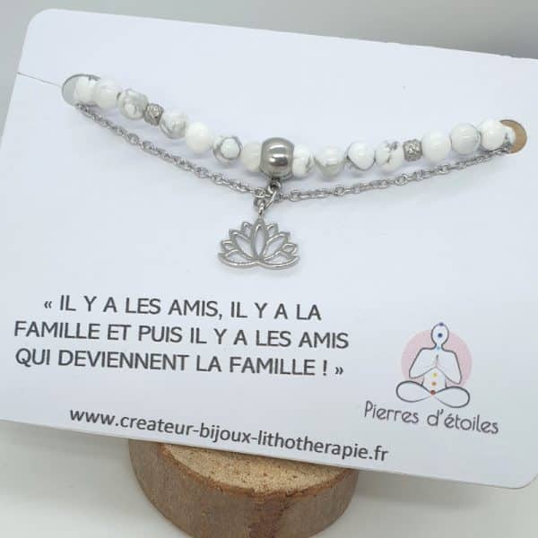 Bracelet double rang en véritables pierres naturelles d'Howlite en perles 4mm et en acier inoxydable argent