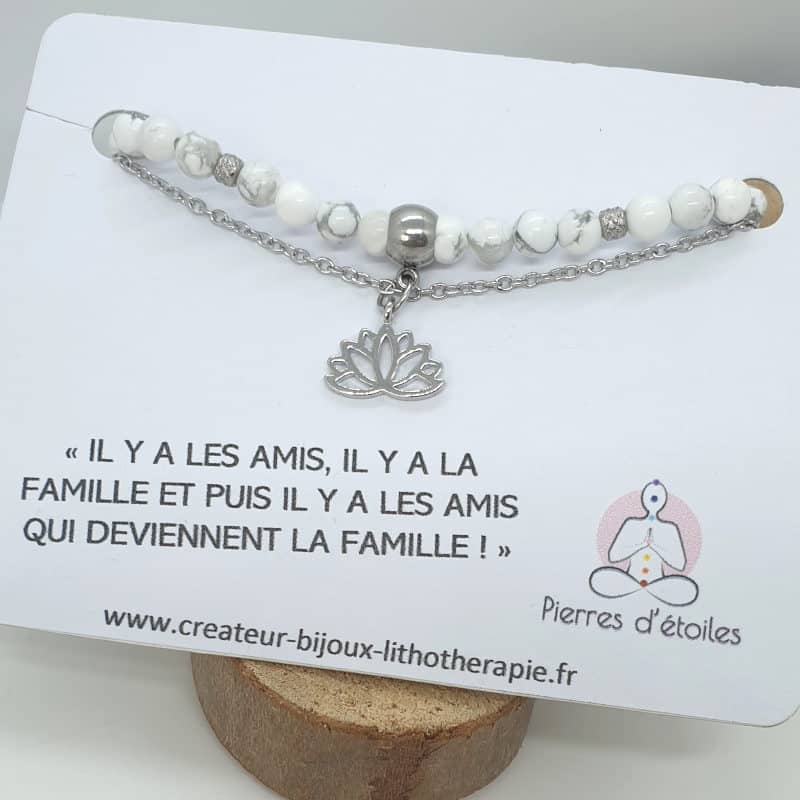 Bracelet double rang en véritables pierres naturelles d’Howlite en perles 4mm et en acier inoxydable argent
