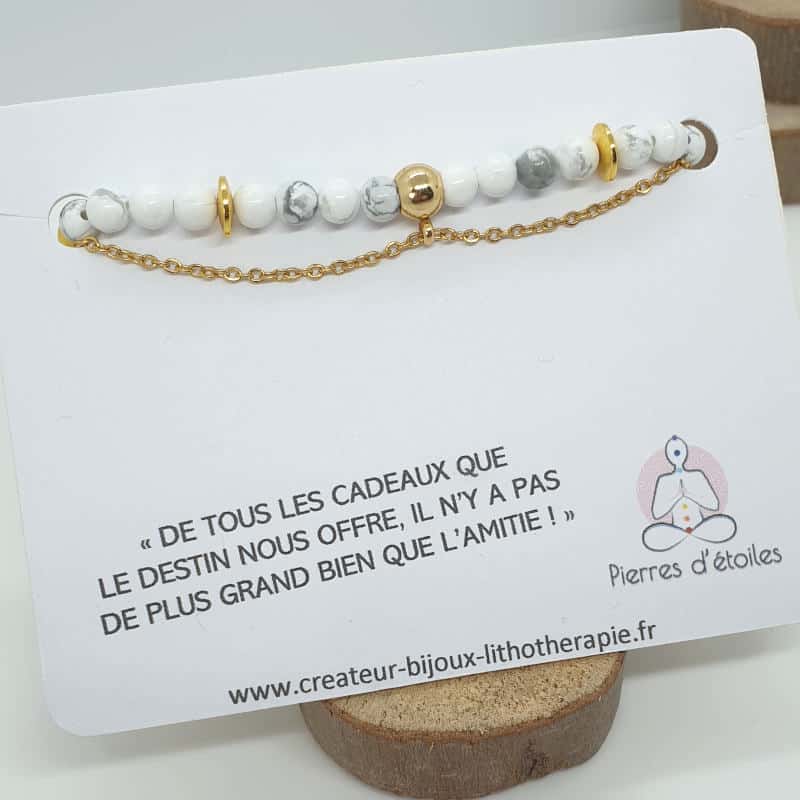 Bracelet en pierres naturelles d’Howlite et acier inoxydable or