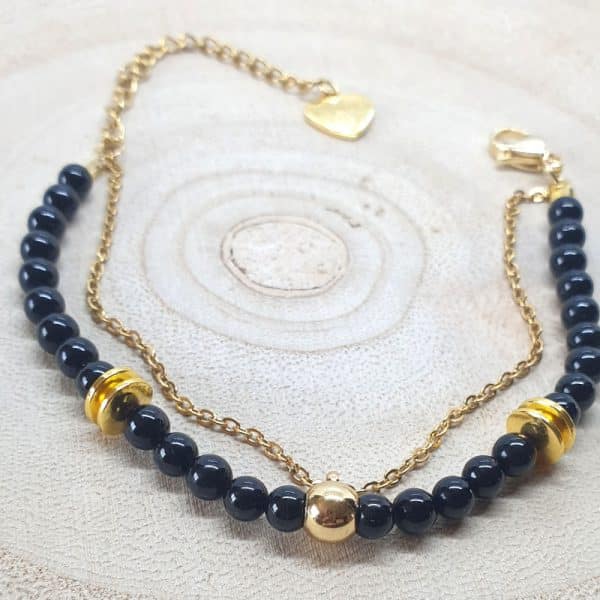 Bracelet double rang avec de véritables pierres naturelles de Tourmlaine noire en perles 4mm et en acier inoxydable or