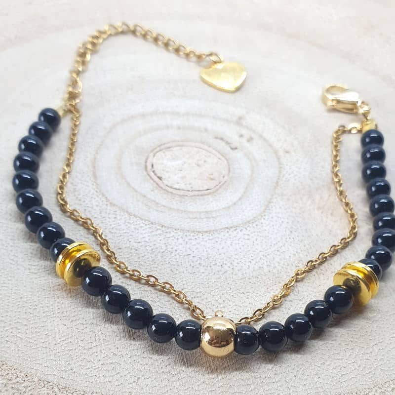 Bracelet double rang avec de véritables pierres naturelles de Tourmlaine noire en perles 4mm et en acier inoxydable or