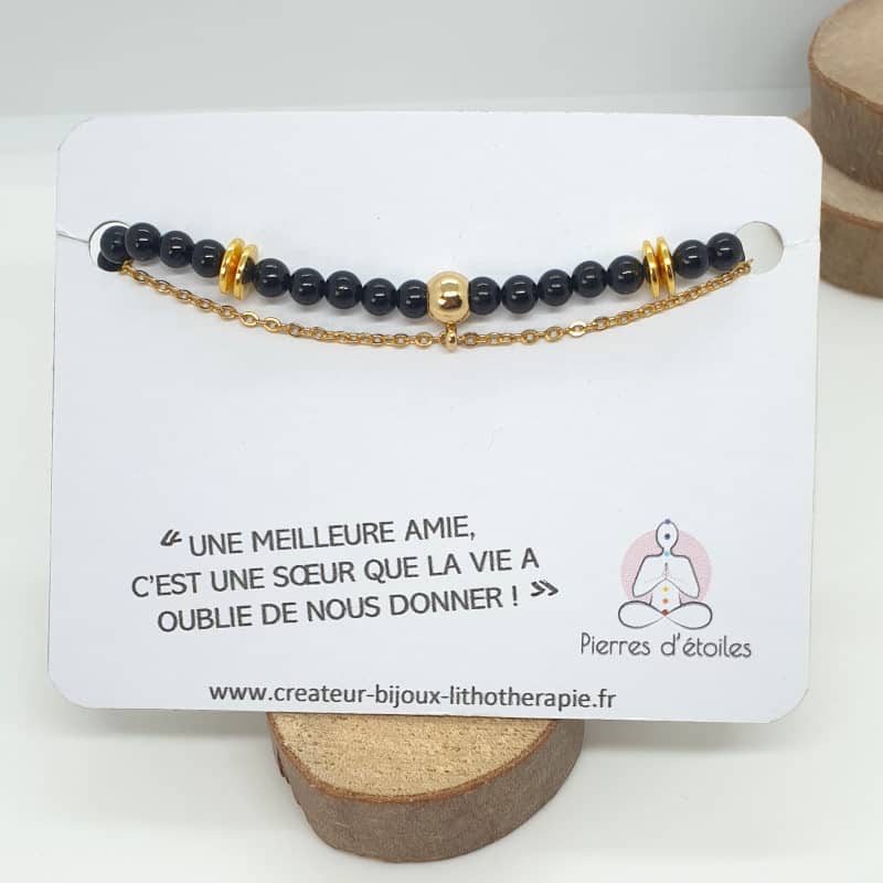 Bracelet double rang avec de véritables pierres naturelles de Tourmlaine noire en perles 4mm et en acier inoxydable or