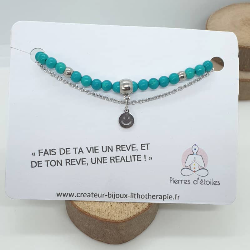 Bracelet double rang avec de véritables pierres naturelles de Turquoise et en acier inoxydable