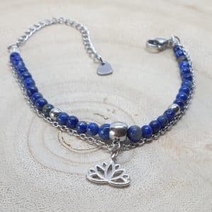 Bracelet double rang en véritables pierres naturelles de Lapis lazuli et en acier inoxydable argent