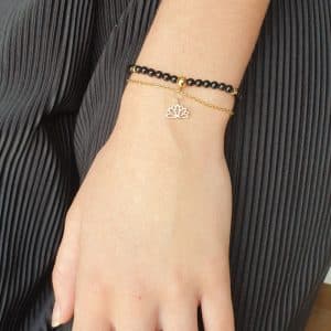 Bracelet double rang avec de véritables pierres naturelles de Tourmlaine noire en perles 4mm et en acier inoxydable or