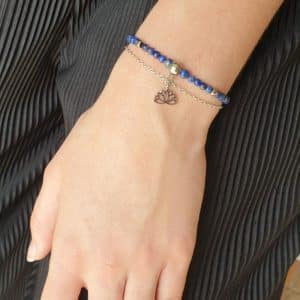 Bracelet double rang en véritables pierres naturelles de Lapis lazuli et en acier inoxydable argent