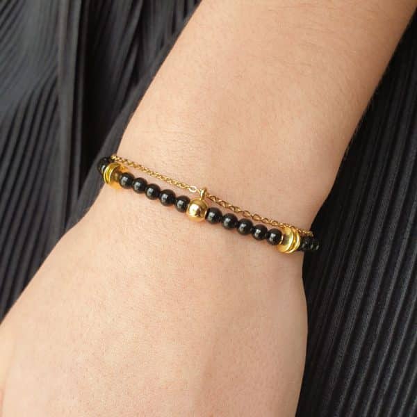 Bracelet double rang avec de véritables pierres naturelles de Tourmlaine noire en perles 4mm et en acier inoxydable or