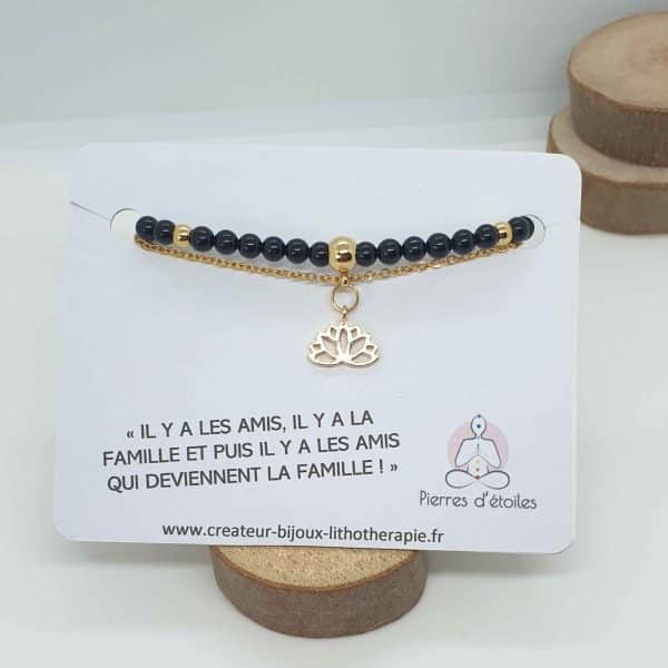 Bracelet double rang avec de véritables pierres naturelles de Tourmlaine noire en perles 4mm et en acier inoxydable or