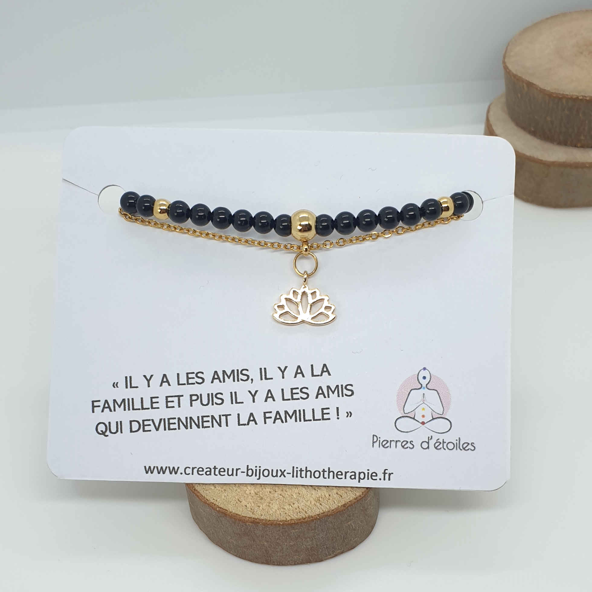 Bracelet double rang avec de véritables pierres naturelles de Tourmlaine noire en perles 4mm et en acier inoxydable or