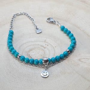 Bracelet double rang avec de véritables pierres naturelles de Turquoise et en acier inoxydable