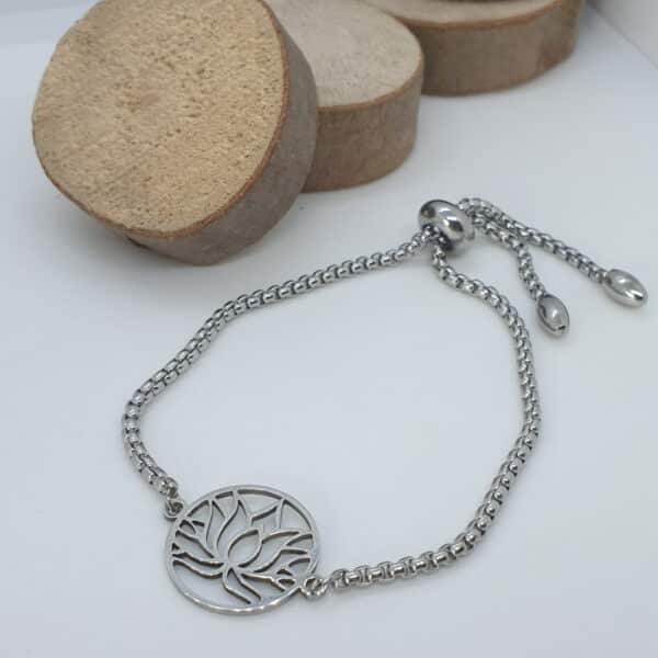 Bracelet fleur de lotus noeud coulissant en acier inoxydable argenté