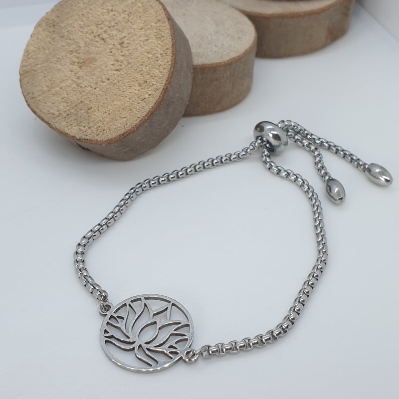 Bracelet fleur de lotus noeud coulissant en acier inoxydable argenté
