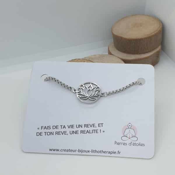 Bracelet fleur de lotus noeud coulissant en acier inoxydable argenté