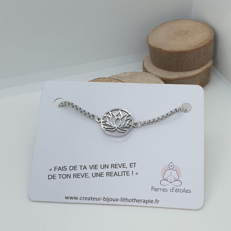 Bracelet fleur de lotus noeud coulissant en acier inoxydable argenté
