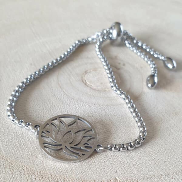 Bracelet fleur de lotus noeud coulissant en acier inoxydable argenté