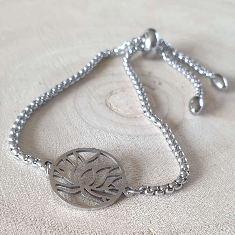 Bracelet fleur de lotus noeud coulissant en acier inoxydable argenté
