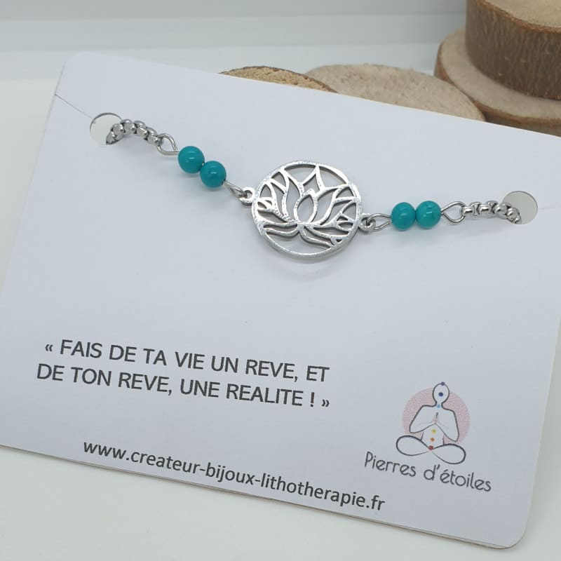 Turquoise & Fleur de lotus en acier inoxydable et pierres naturelles