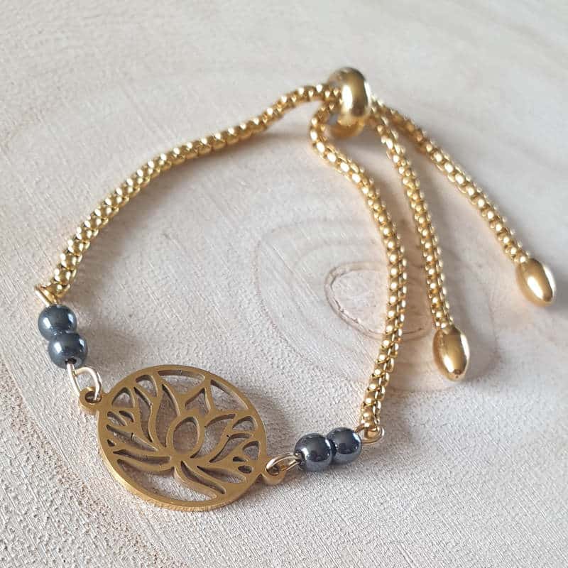 Hématite et fleur de lotus en acier inoxydable or et véritables pierres naturelles