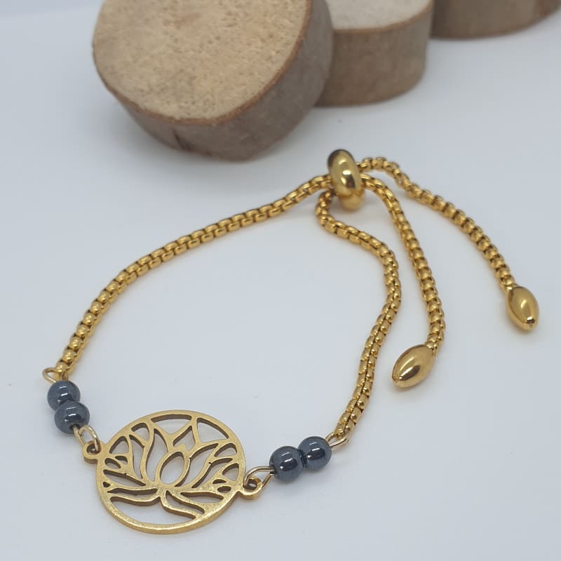 Hématite et fleur de lotus en acier inoxydable or et véritables pierres naturelles