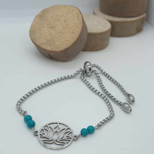 Turquoise & Fleur de lotus en acier inoxydable et pierres naturelles