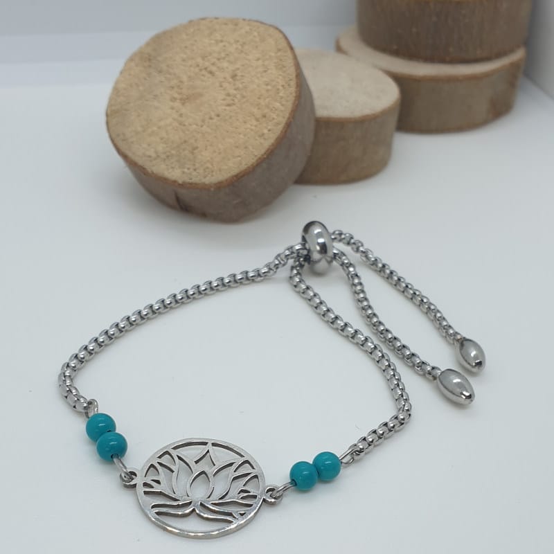 Turquoise & Fleur de lotus en acier inoxydable et pierres naturelles