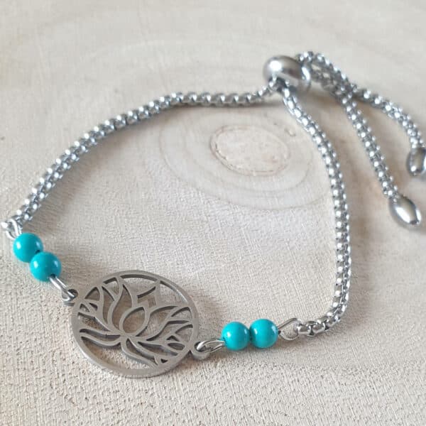Turquoise & Fleur de lotus en acier inoxydable et pierres naturelles