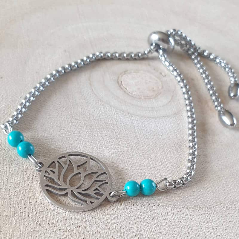 Turquoise & Fleur de lotus en acier inoxydable et pierres naturelles