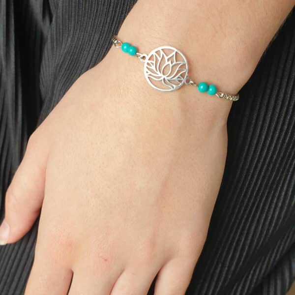 Turquoise & Fleur de lotus en acier inoxydable et pierres naturelles