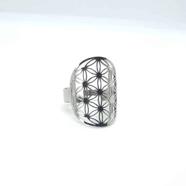 Bague Fleur de vie en acier inoxydable argent et ajustable