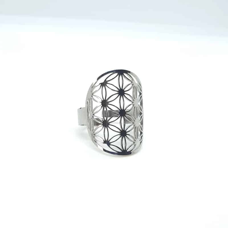 Bague Fleur de vie en acier inoxydable argent et ajustable