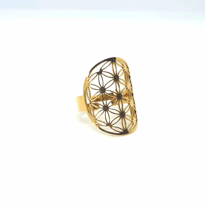 Bague Fleur de vie en acier inoxydable doré et ajustable