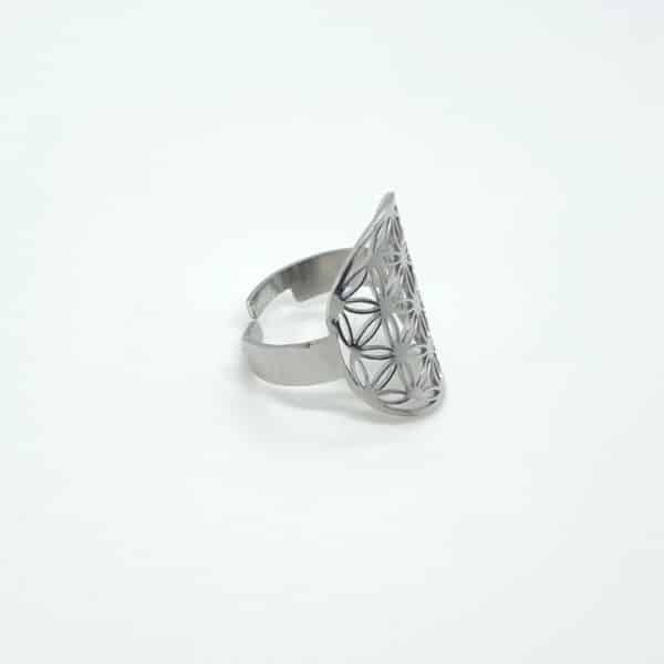 Bague Fleur de vie en acier inoxydable argent et ajustable