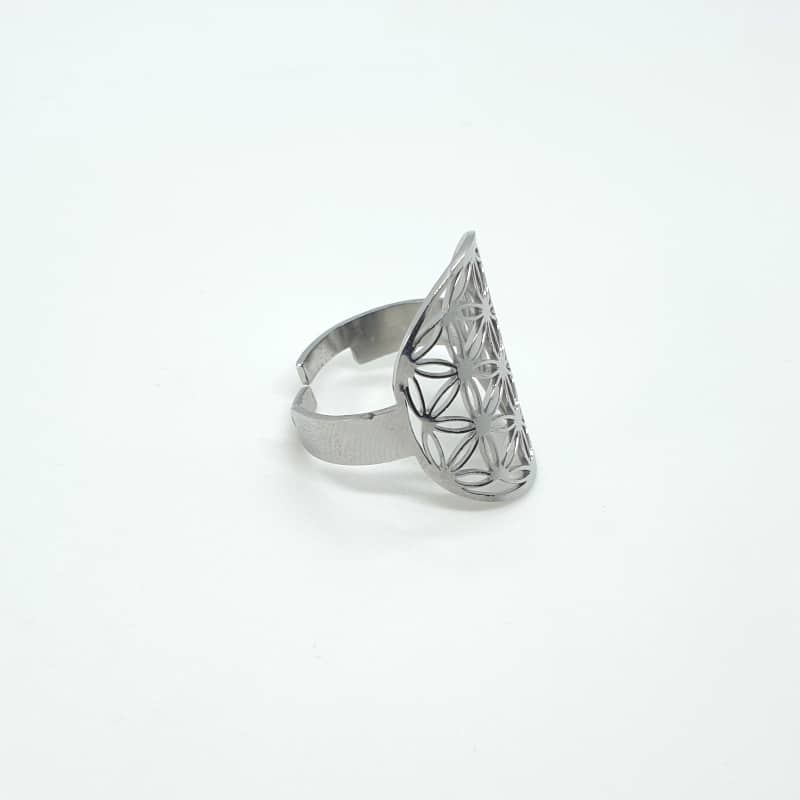 Bague Fleur de vie en acier inoxydable argent et ajustable